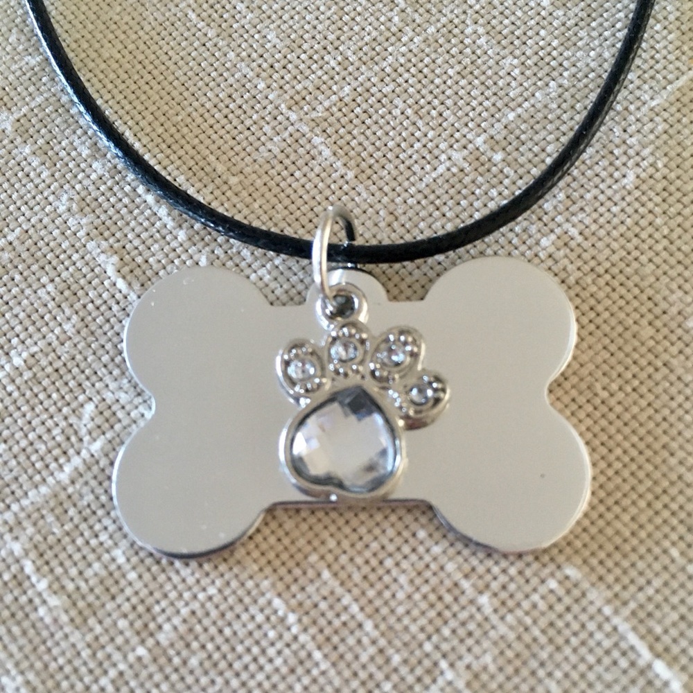 HAND CRAFTED Dog Bone Paw Necklace Silver Toned
